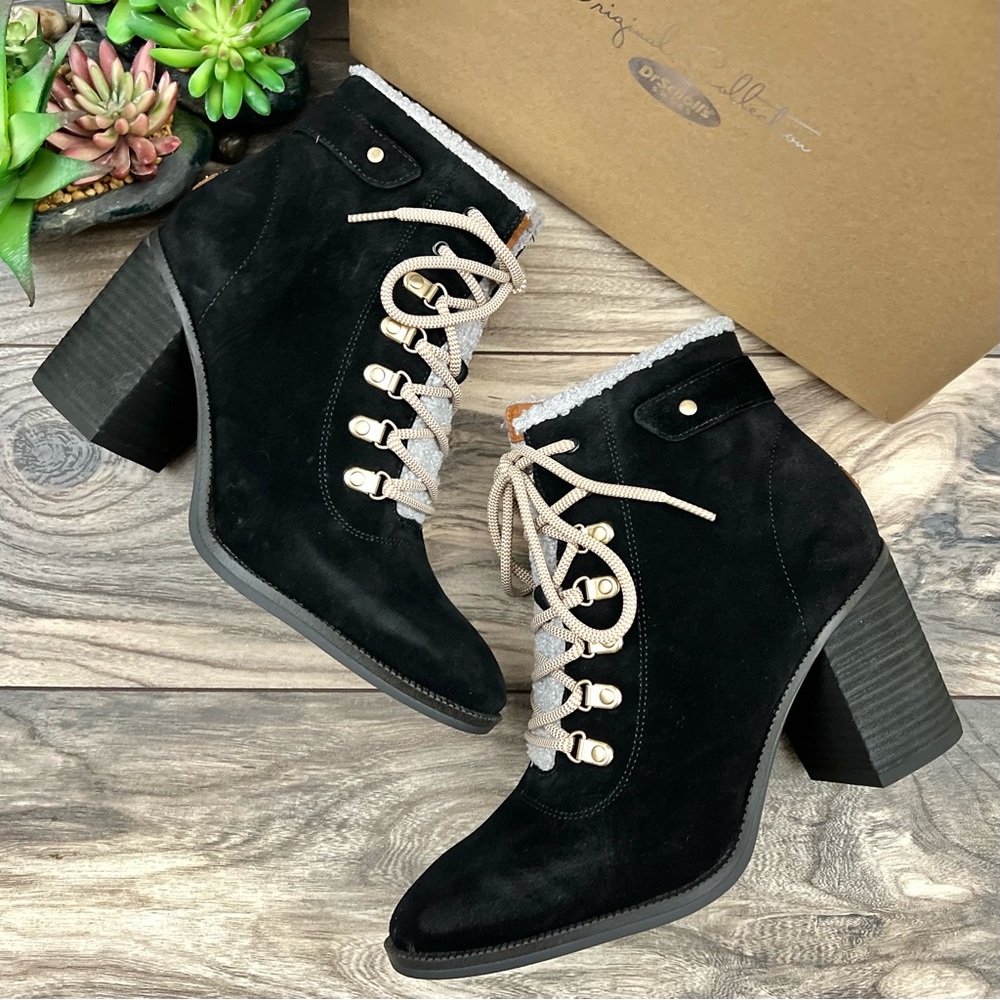 NIB Dr Scholls Loni Lace Up Combat Boots Bootie Heeled Black Suede - Picture 1 of 13